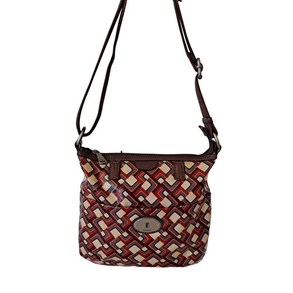 Vintage Fossil KeyPer Purse Crossbody Coated Canvas Geometric Print Adjustable - Picture 1 of 13